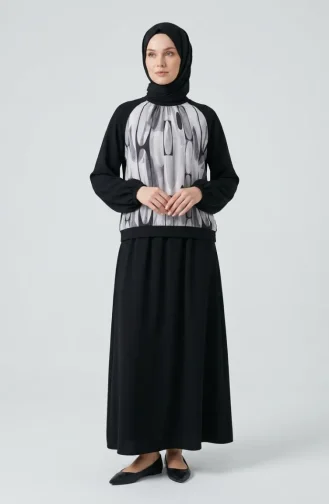 Geometric Patterned Tunic And Skirt Two-Piece Set 0257-01 Black 0257-01