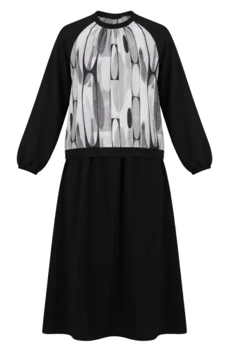 Geometric Patterned Tunic And Skirt Two-Piece Set 0257-01 Black 0257-01