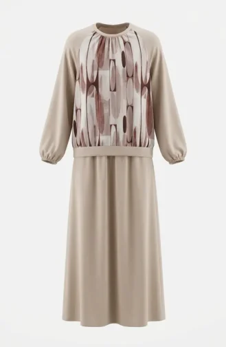 Geometric Patterned Tunic And Skirt Two-Piece Set 0257-04 Beige 0257-04