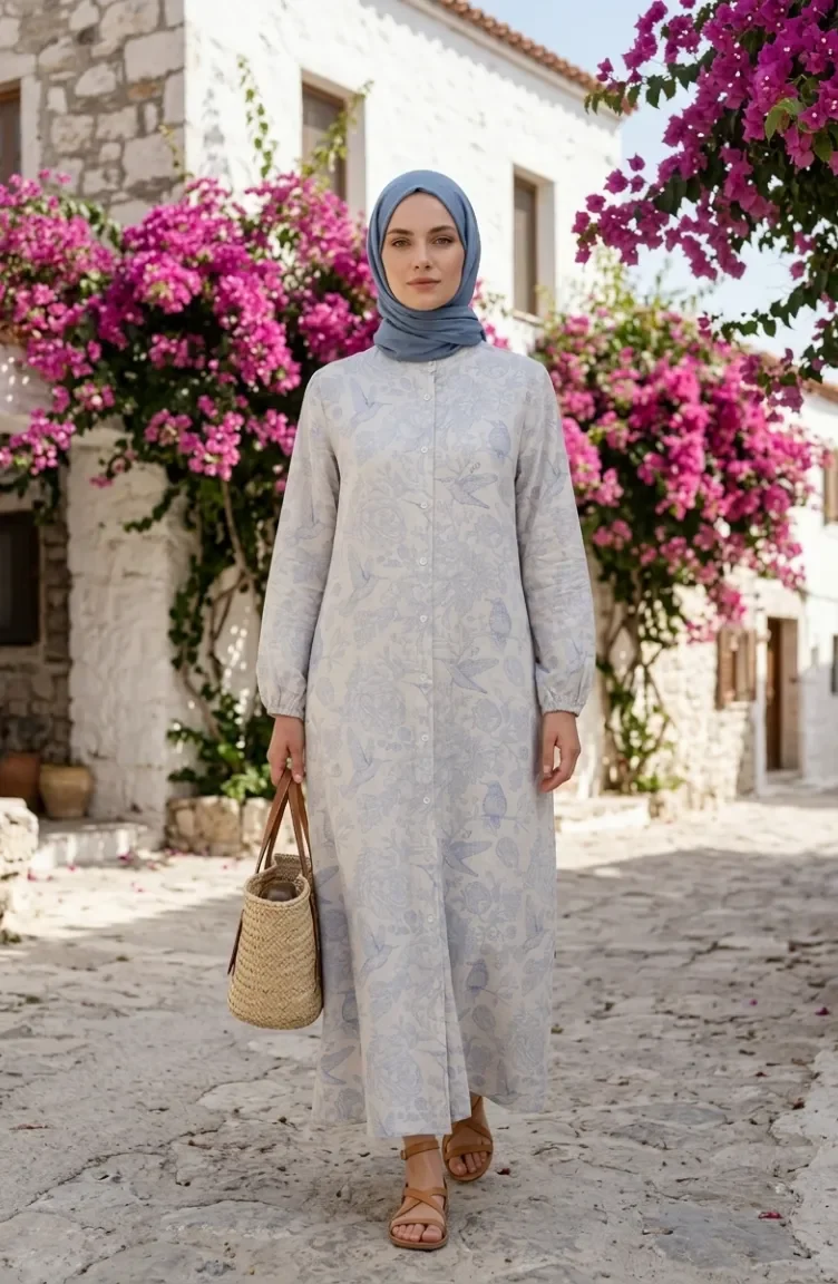 Robe Longue Boutonnée En Lin 0261-01 Bleu Marine 0261-01
