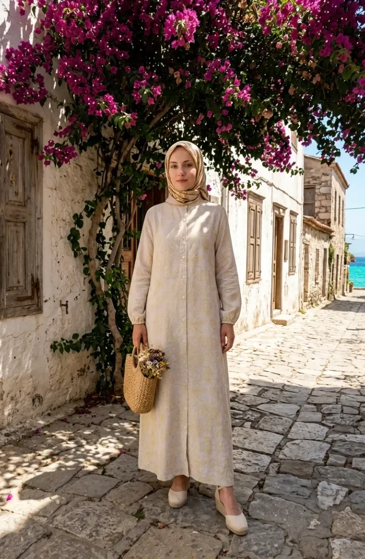 Langes Geknöpftes Leinenkleid 0261-02 Gelb 0261-02