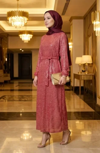 Robe De Soirée Modeste à Sequins Et Manches élastiquées 2196-01 Bordeaux 2196-01