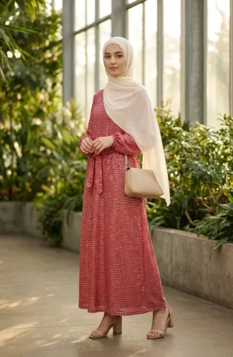 Robe De Soirée Modeste à Sequins Et Manches élastiquées 2196-01 Bordeaux 2196-01
