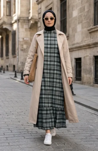 Kariertes Holzfällerkleid Mit Elastischen Ärmeln 2248-03 Hellgrün 2248-03