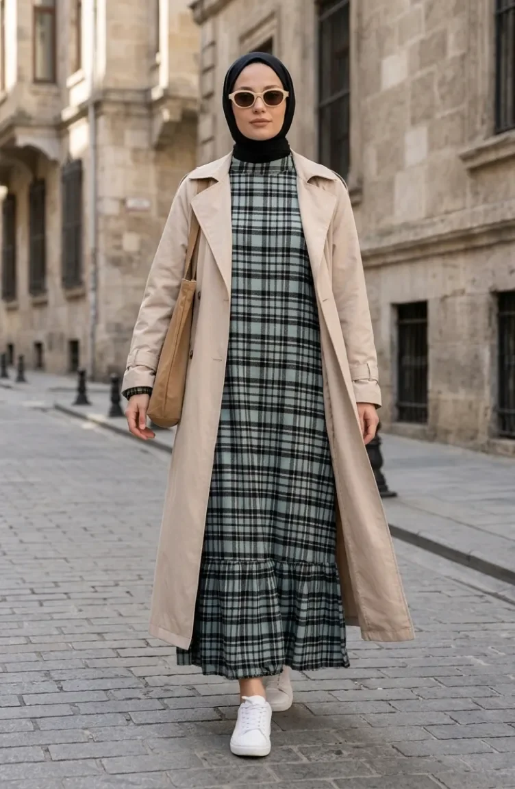 Kariertes Holzfällerkleid Mit Elastischen Ärmeln 2248-03 Hellgrün 2248-03