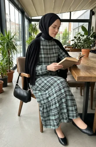 Kariertes Holzfällerkleid Mit Elastischen Ärmeln 2248-03 Hellgrün 2248-03