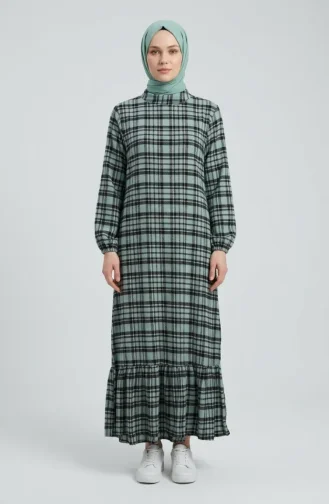 Kariertes Holzfällerkleid Mit Elastischen Ärmeln 2248-03 Hellgrün 2248-03