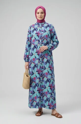 Floral Patterned Button-Down Dress 0259-02 Light Green 0259-02