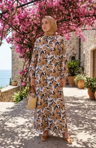 Floral Patterned Button-Down Dress 0259-04 Brown 0259-04