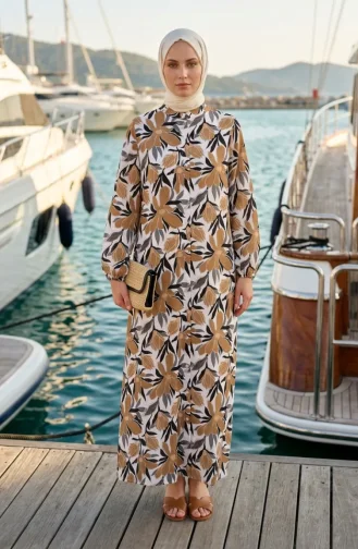 Floral Patterned Button-Down Dress 0259-04 Brown 0259-04