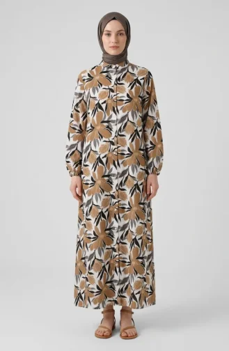 Floral Patterned Button-Down Dress 0259-04 Brown 0259-04