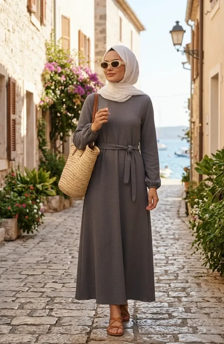 Twisted Ribbed Belted Hijab Dress 2195-01 Grey 2195-01