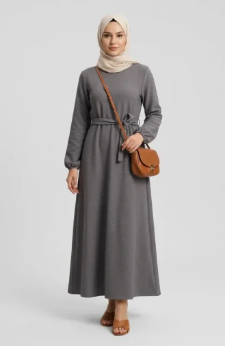 Twisted Ribbed Belted Hijab Dress 2195-01 Grey 2195-01