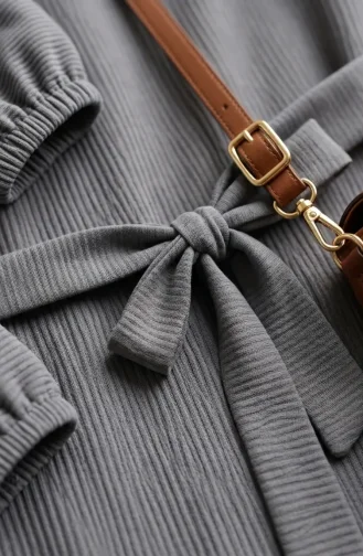 Twisted Ribbed Belted Hijab Dress 2195-01 Grey 2195-01