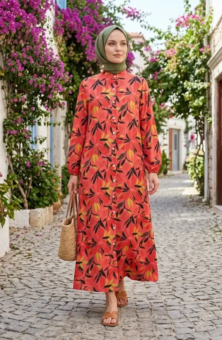 Robe Boutonnée à Motif Floral 0259-01 Fleur De Grenade 0259-01