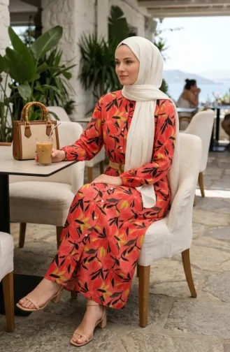 Robe Boutonnée à Motif Floral 0259-01 Fleur De Grenade 0259-01