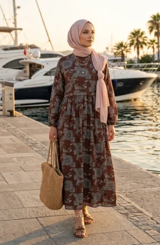 Robe à Taille élastique Et Motif Châle 71287-02 Marron 71287-02