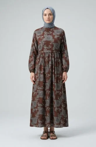Robe à Taille élastique Et Motif Châle 71287-02 Marron 71287-02
