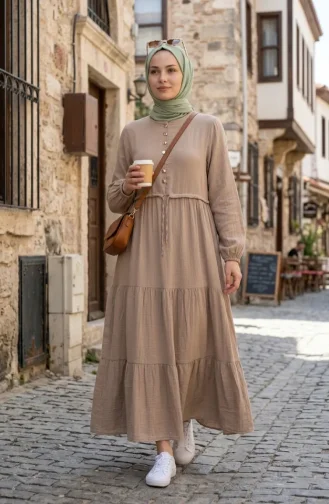 Buttoned Layered Muslin Hijab Dress 2249-01 Mink 2249-01