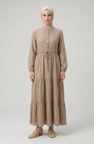 Buttoned Layered Muslin Hijab Dress 2249-01 Mink 2249-01