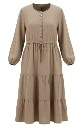 Buttoned Layered Muslin Hijab Dress 2249-01 Mink 2249-01