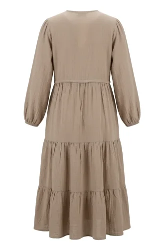 Buttoned Layered Muslin Hijab Dress 2249-01 Mink 2249-01