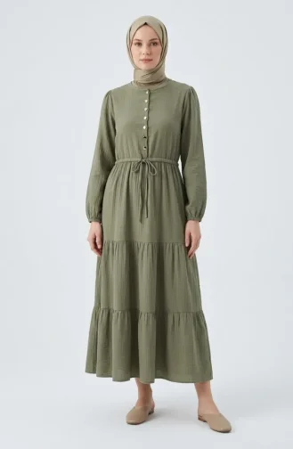 Buttoned Layered Muslin Hijab Dress 2249-02 Khaki 2249-02