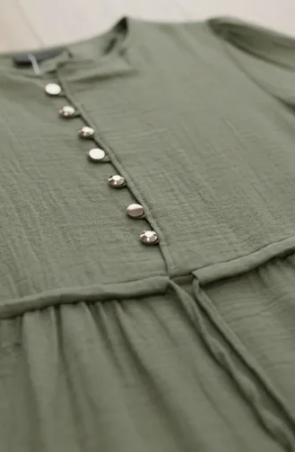 Buttoned Layered Muslin Hijab Dress 2249-02 Khaki 2249-02