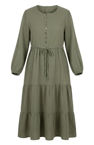 Buttoned Layered Muslin Hijab Dress 2249-02 Khaki 2249-02