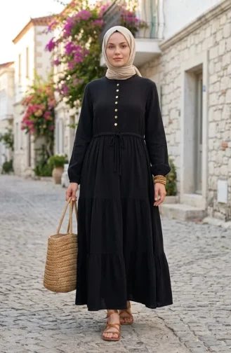 Düğmeli Kat Kat Müslin Tesettür Elbise 2249-03 Siyah