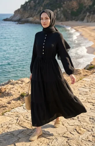 Düğmeli Kat Kat Müslin Tesettür Elbise 2249-03 Siyah