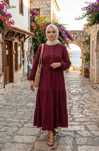 Buttoned Layered Muslin Hijab Dress 2249-05 Cherry Red 2249-05