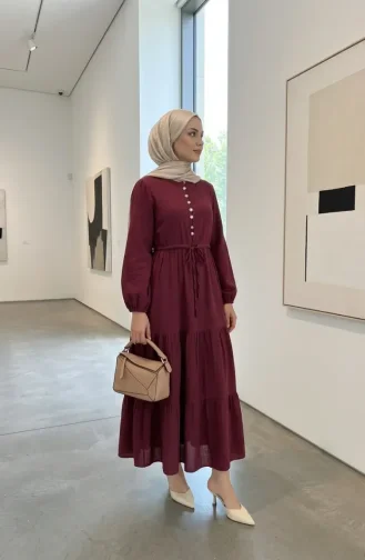 Buttoned Layered Muslin Hijab Dress 2249-05 Cherry Red 2249-05