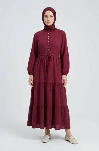 Buttoned Layered Muslin Hijab Dress 2249-05 Cherry Red 2249-05
