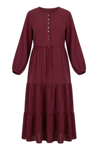 Buttoned Layered Muslin Hijab Dress 2249-05 Cherry Red 2249-05