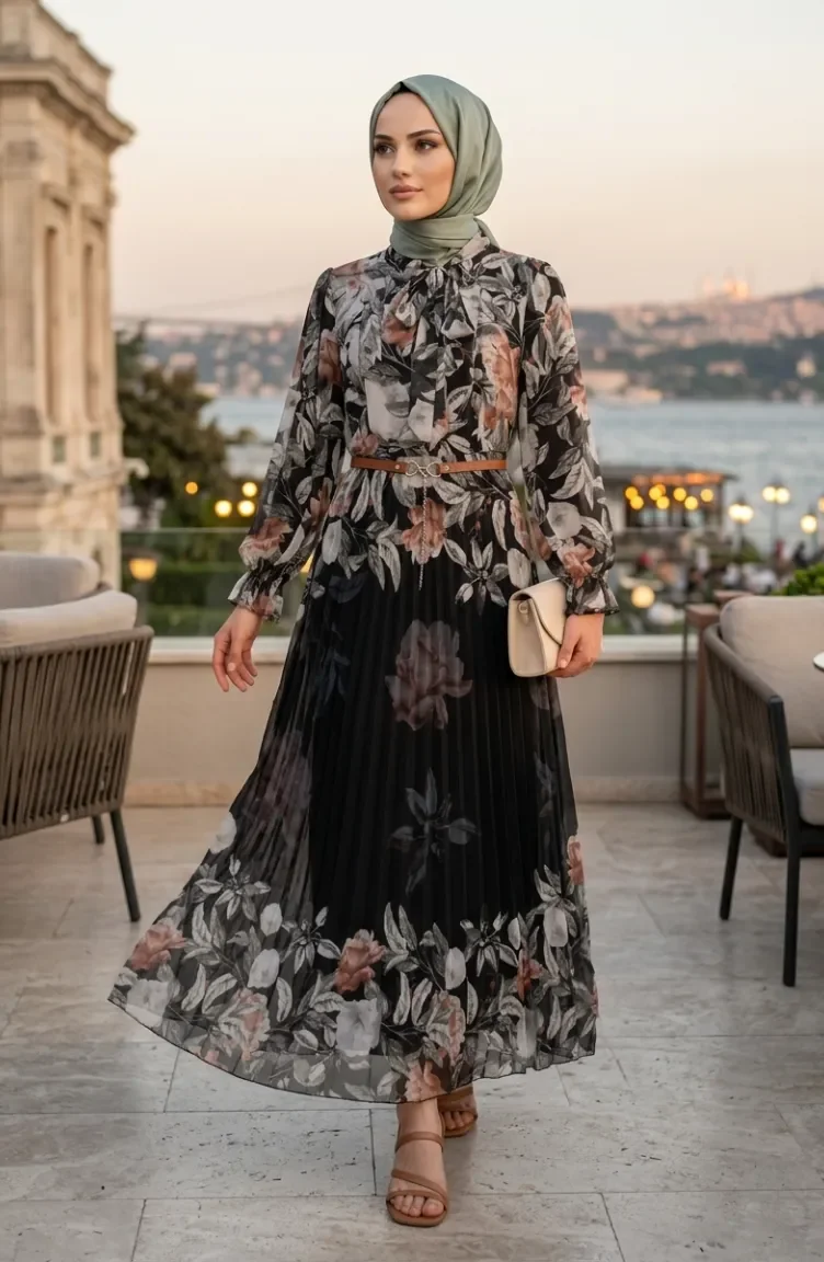 Gemustertes Chiffonkleid Mit Gürtel Artikelnummer 50006-01 Farbe Zimt 50006-01