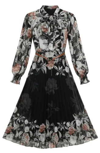 Gemustertes Chiffonkleid Mit Gürtel Artikelnummer 50006-01 Farbe Zimt 50006-01