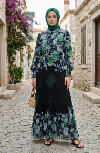 Gemustertes Chiffonkleid Mit Gürtel 50006-02 Grün 50006-02