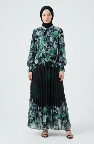 Gemustertes Chiffonkleid Mit Gürtel 50006-02 Grün 50006-02