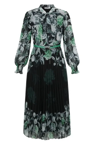 Gemustertes Chiffonkleid Mit Gürtel 50006-02 Grün 50006-02