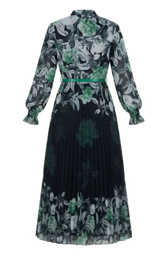 Gemustertes Chiffonkleid Mit Gürtel 50006-02 Grün 50006-02