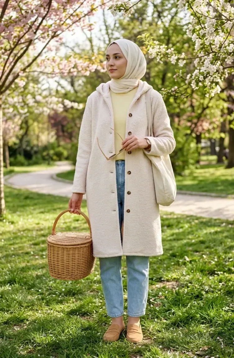 معطف شتوي بأزرار وغطاء رأس 2251-05 لون بيج 2251-05