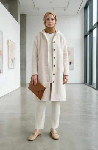 معطف شتوي بأزرار وغطاء رأس 2251-05 لون بيج 2251-05