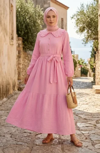 Muslin Fabric Ruffle Collar Belted Dress 0253-01 Pink 0253-01