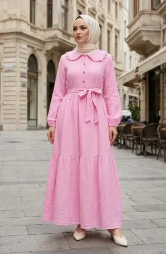 Muslin Fabric Ruffle Collar Belted Dress 0253-01 Pink 0253-01