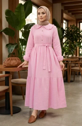 Muslin Fabric Ruffle Collar Belted Dress 0253-01 Pink 0253-01