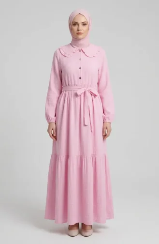 Muslin Fabric Ruffle Collar Belted Dress 0253-01 Pink 0253-01