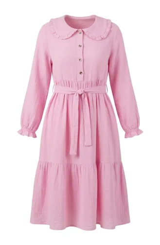 Muslin Fabric Ruffle Collar Belted Dress 0253-01 Pink 0253-01
