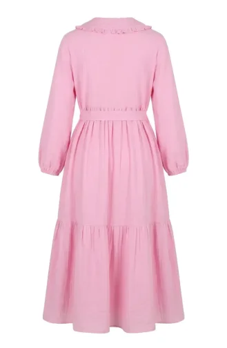 Muslin Fabric Ruffle Collar Belted Dress 0253-01 Pink 0253-01