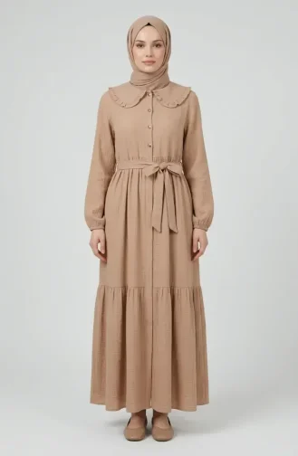 Müslin Kumaş Fırfır Yaka Beli Kuşaklı Elbise 0253-03 Bej
